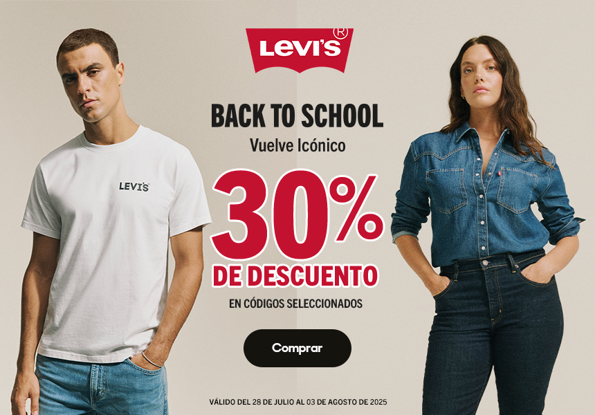 Anuncio: Levi's. Back to school. Vuelve icónico. Hasta 30% de descuento en códigos seleccionados. Válido del 28 de julio al 3 de agosto 2025. Pulsa aquí para aprovechar.
