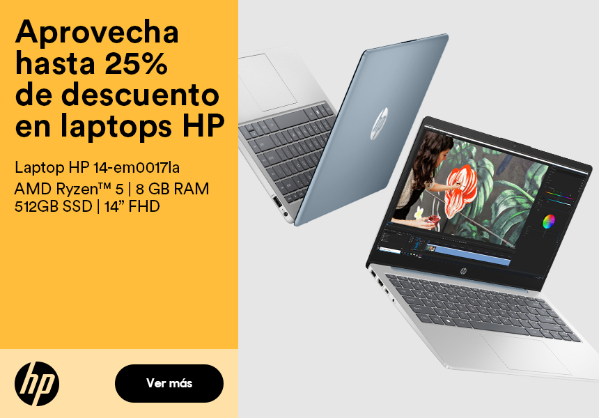 Anuncio: Aprovecha hasta 25% de descunto en laptops HP. Laptop HP 14-em0017la AMD Ryzen 5. 8 gigas de RAM y 512 gigas de almacenamiento SSD. 14 pulgadas full HD. Pulsa aquí para comprar la tuya.