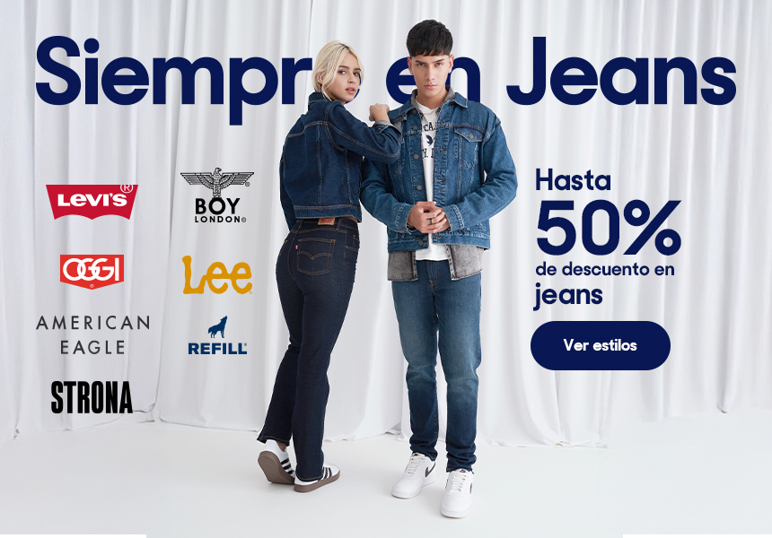 Siempre en Jeans. Hasta 50% de descuento en jeans. Pulsa aquí para elegir Levi's, Boy London, Refill y más.