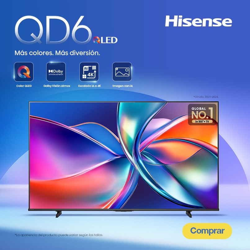 Hisense. Pantalla QD6 QLED. Color OLED, Dolby Vision Atmos, escalado IA a 4K e imagen con inteligencia artificial. Pulsa aquí para comprar.