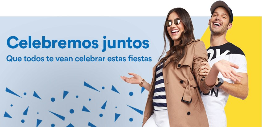 Celebremos juntos. Que todos te vean celebrar estas fiestas. Composición de 2 modelos: hombre y mujer. Ella viste playera con rayas horizontales en color blanco y azul marino, encima lleva gabardina café claro y usa jeans blancos y lentes oscuros. Él usa playera manga corta en blanco y negro, gorra negra y jeans blancos. Pulsa aquí para ver más.